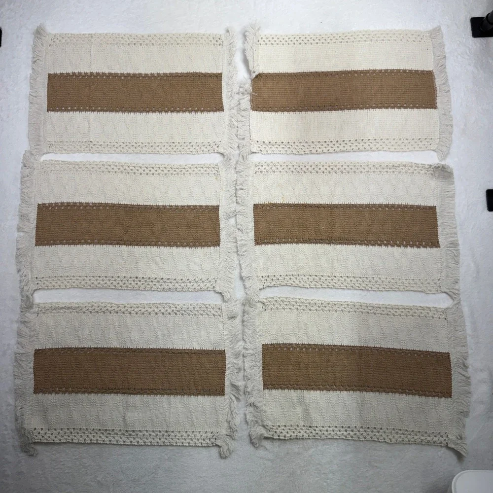 Boho Set of 6 Woven Placemats Crochet Fringe Farmhouse Cream Tan Neutral Beige